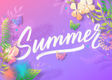 Fototapeta Dinusie - Summer background with colorful tropical leaves and flowers. Summer handwritten lettering inscription for posters, flyers, brochures or vouchers design. Vector illustration