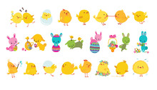 Set Of Easter Bunnies, Chicks And Eggs Isolated Icons On White Background. Vector Illustration