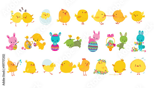Fotografía Set of easter bunnies, chicks and eggs isolated icons on white background