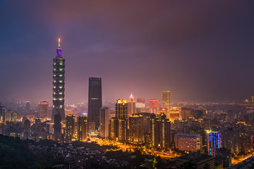 Taipei 101 Skyscraper,  Landscape scenery view of cityscape skyscraper Taipei 101 in twilight dusk sky background, Taiwan, 2018.