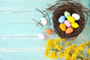 Wall Mural - Colorful Easter eggs in nest with flower on rustic wooden planks background in blue paint. Holiday in spring season. vintage color tone style. top view composition.