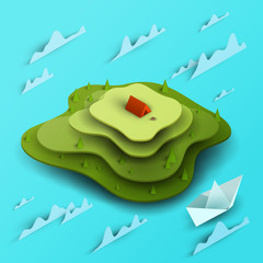 Wall Mural - 3d vector paper cut green island on water with waves and boat. Cartoon art illustration in minimalistic craft carving style. Modern layout colorful concept in isometric view for games or mars.