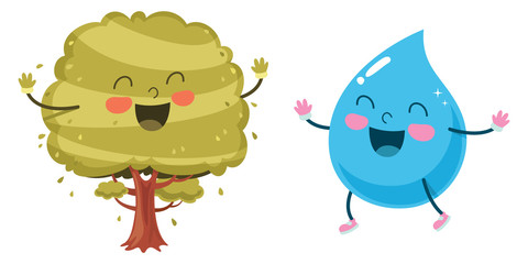 Vector Illustration Of Cartoon Tree And Raindrop