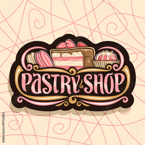 Fotografie, Obraz Vector logo for Pastry Shop, black signboard with pink french macarons, slice of