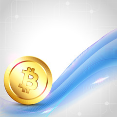 Canvas Print - Golden bitcoin on blue wave background. Cryptocurrency concept.