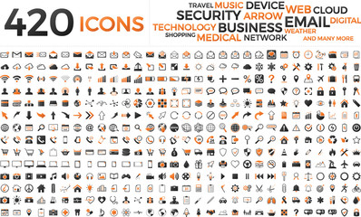 Wall Mural - Black and orange web business technology icons set