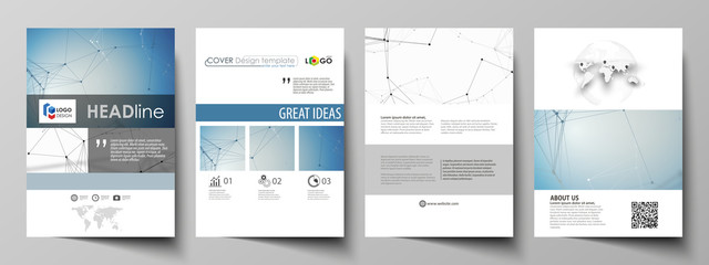 Wall Mural - Business templates for brochure, flyer, booklet, report. Cover design template, vector layout in A4 size. Geometric blue color background, molecule structure, science concept. Connected lines and dots
