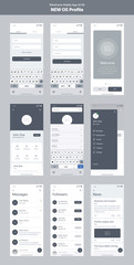 Wall Mural - Wireframe kit for mobile phone. Mobile App UI, UX design. New OS Profile. Walkthrough, welcome, sign in, sign up, profile, account, login, search and menu screens.