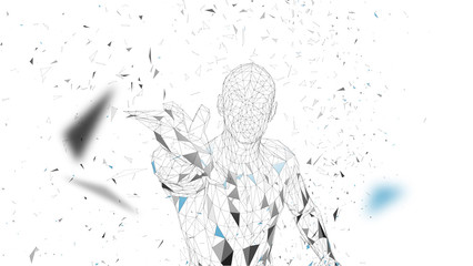 Conceptual abstract man touching or pointing to something. Connected lines, dots, triangles, particles. Artificial intelligence concept. High technology vector, digital background. 3D render vector