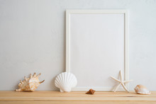 Summer Beach Holiday Vacation Concept, Photo Frame And Seashell Decoration Mockup With White Wall Background