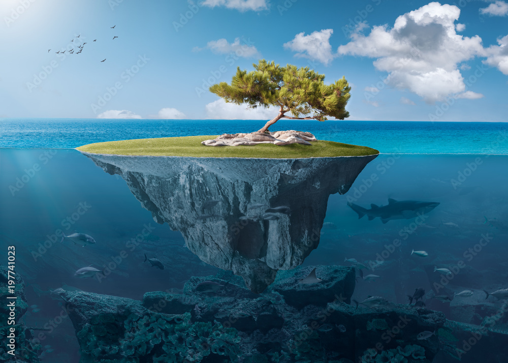 Idyllic small island with lone tree deep in the ocean - obrazy, fototapety, plakaty 