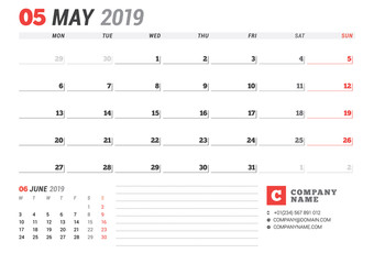 Calendar template for May 2019. Business planner. Stationery design. Week starts on Monday. 2 Months on the page. Vector illustration