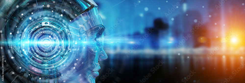 Cyborg head using artificial intelligence to create digital interface 3D rendering - obrazy, fototapety, plakaty 