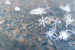 © metelevan - close-up of snowflakes on metallic slightly rusty texture background, winter cold