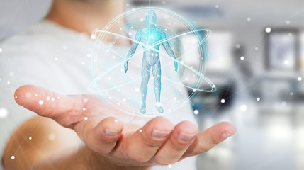 Poster - Businessman using digital x-ray human body scan interface 3D rendering