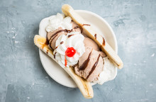 Homemade Banana Split With On The Rustic Background. Selective Focus.