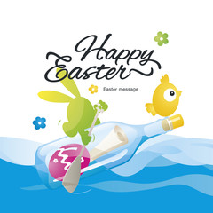 Wall Mural - Happy Easter message in the bottle at the sea color vector