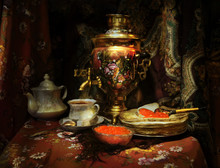 Still Life With Samovar, Red Caviar And Pancakes For Maslenitsa