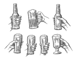 Man and woman hands holding, clinking with beer glass, bottle