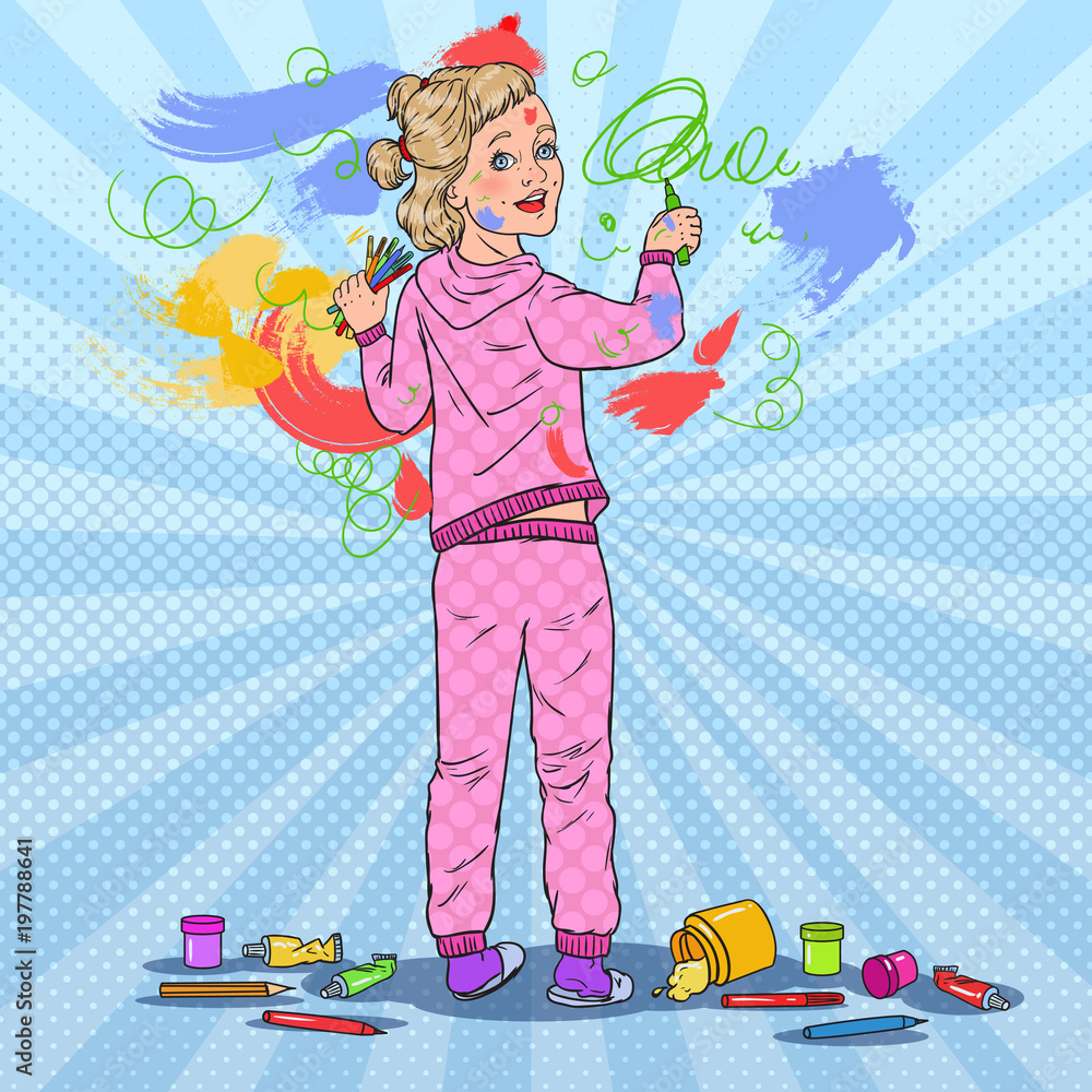 Pop Art Little Girl Painting on the Wall. Child Drawing with Crayons on ...