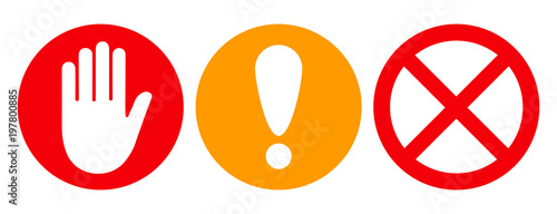 Fotografía Set stop sign icon with hand, exclamation marc and cross in circle - stock vecto