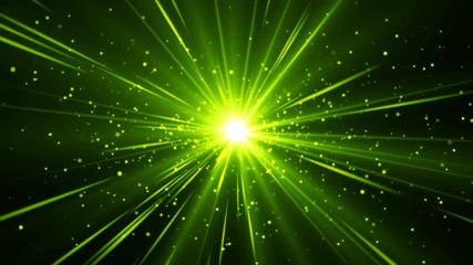 Wall Mural - green abstract loopable background with beams of light come from center. magic shine particles.