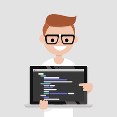Young programmer pointing on the laptop screen. Programming code. Technology / flat editable vector illustration, clip art