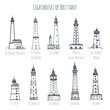 Set of hand drawn vector sketch style famous lighthouses of Brittany
