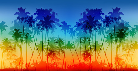 Wall Mural - Rainbow colors palms silhouettes vector vintage seamless background