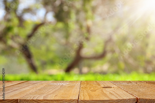 Fotografía Empty rustic table in front of green spring abstract bokeh background