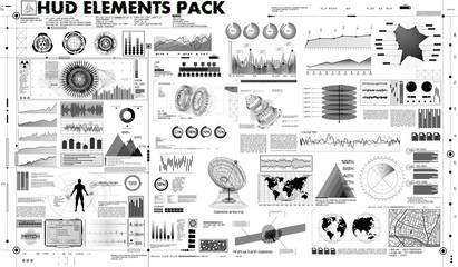 Wall Mural - set of black and white infographic elements. Set abstract HUD elements for UI UX design (business, medicine, forex, finance, analytics) Statistic and data, sci infographic. Template Head-up display
