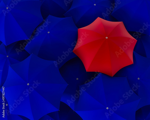 Top view of unique red umbrella standing out from the blue crowd. 3d illustra...