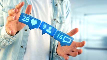 Businessman holding a Like, Follower and message notification on social network - 3d render