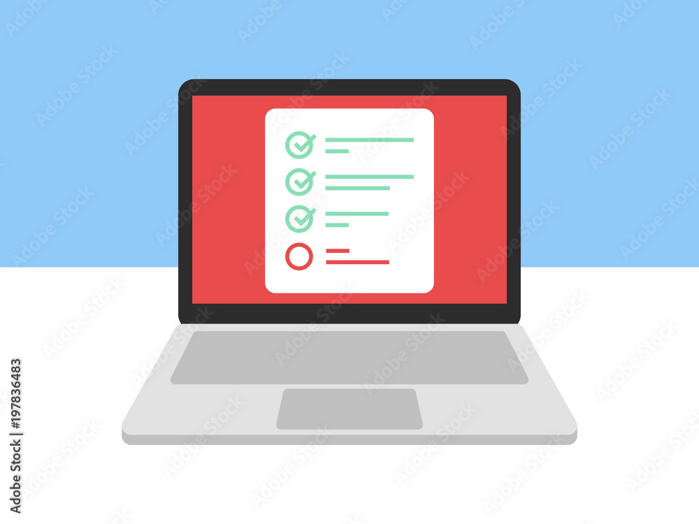 Laptop and checkboxes with check mark. Checklist, white tick on laptop ...