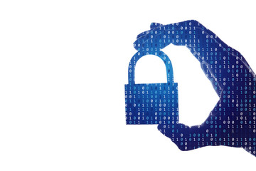 Silhouette of a hand holding a padlock with binary digital code. Security and privacy.