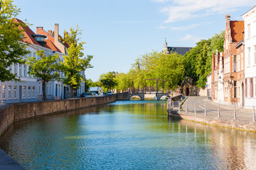 Langerei Canal leading away from centre of Bruges, Brugge, Belgium