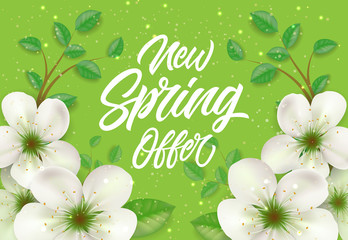 Poster - New spring offer poster design with blooming apple tree twigs on green background. Calligraphic inscription can be used for brochures, leaflets, banners.