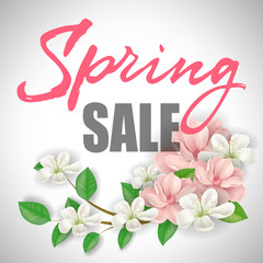 Wall Mural - Spring sales brochure design with blooming apple and cherry tree twigs. Handwritten inscription can be used for posters, flyers, leaflets, banners.