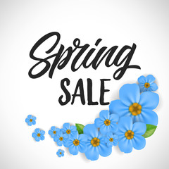 Wall Mural - Spring sale brochure design with blue flowers. Handwritten inscription can be used for posters, flyers, leaflets, banners.