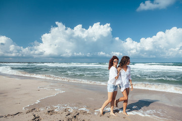 Wall Mural - Two friends walking on the beach