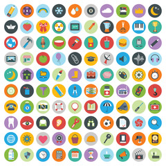 Wall Mural - Flat icons design modern vector illustration. Big set of web and technology development icons, business management symbol, marketing items and other various objects on background.