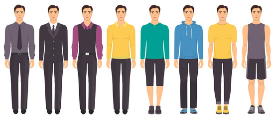 Wall Mural - Young man standing in full growth in different clothes, formal, business, everyday, sports. Man in elegant and casual clothes. Basic wardrobe. Vector illustration, isolated.