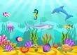 Marine Life Landscape ocean or sea underwater world with different inhabitants.Undersea world with funny charactes coral, reef, rock, fish, crab, plant and herb. Wildlife vector illustration