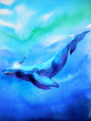 Wall Mural - human and whale diving swimming underwater together watercolor painting illustration hand drawn