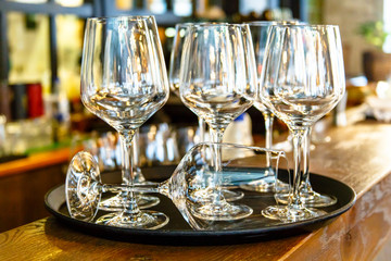 Empty glasses at the bar in the restaurant