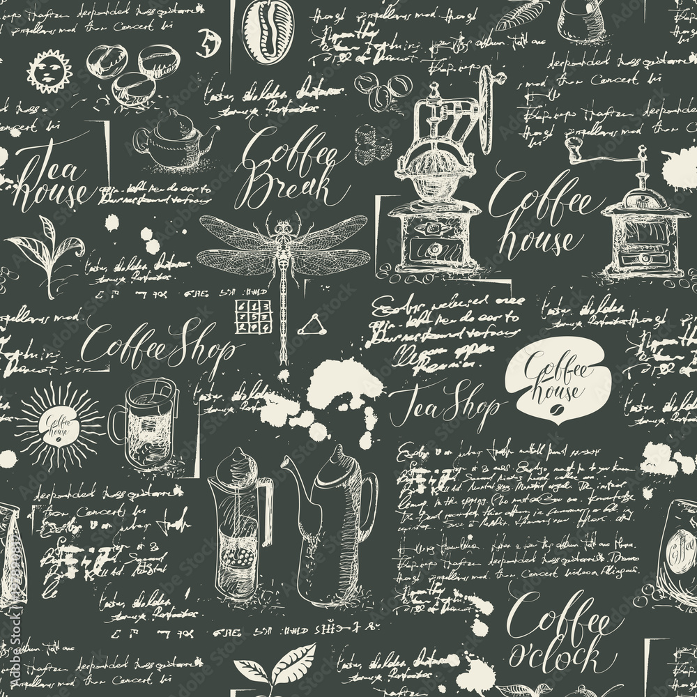 Vector seamless pattern on tea and coffee theme in retro style. Various ...