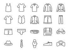 Men Clothes Icon Set. Included The Icons As Shorts, Workwear, Fashion, Jean, Shirt, Pants, Accessories And More.