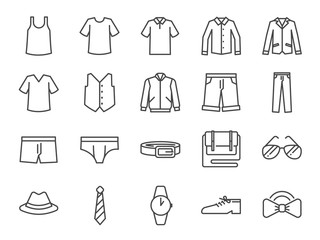 men clothes icon set. included the icons as shorts, workwear, fashion, jean, shirt, pants, accessori