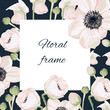 Floral elegant invite card Design: garden flower pink Anemone, tender greenery. Can be used as invitation card for wedding, birthday and other holiday and summer and spring dark background.