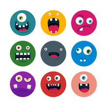 Set Of Cartoon Cute Monster Faces. Flat Vector Illustration